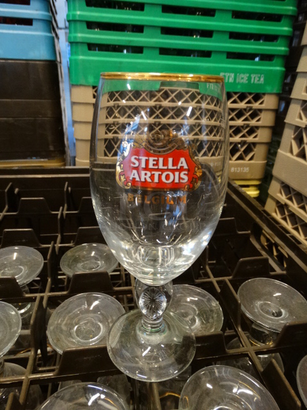 13 Stella Artois Beer Glasses in Dish Caddy. 3.5x3.5x7.5. 13 Times Your Bid!