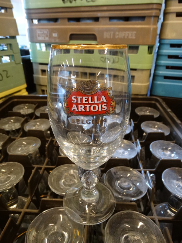 25 Stella Artois Beer Glasses in Dish Caddy. 3.5x3.5x7.5. 25 Times Your Bid!