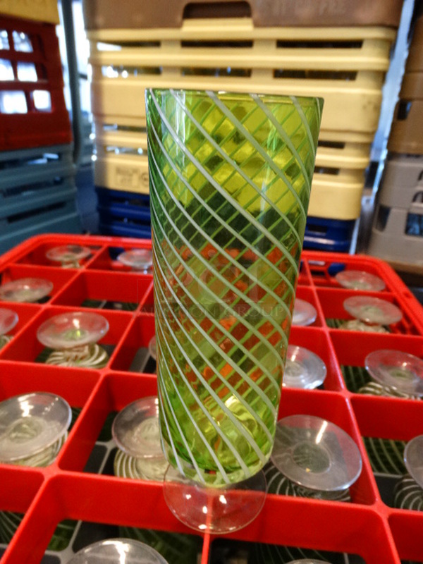 23 Green Striped Footed Beverage Glasses in Dish Caddy. 2.5x2.5x8. 23 Times Your Bid!