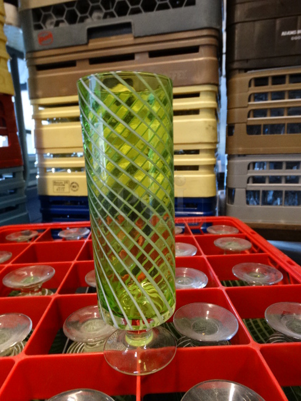 23 Green Striped Footed Beverage Glasses in Dish Caddy. 2.5x2.5x8. 23 Times Your Bid! - Image 2 of 3