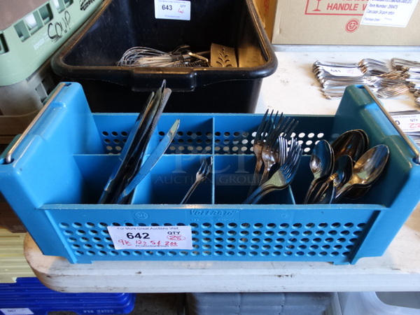 All One Money! Lot of 28 Pieces of Silverware; 9 Knives, 12 Spoons, 5 Forks and 2 Oyster Forks in Silverware Caddy!