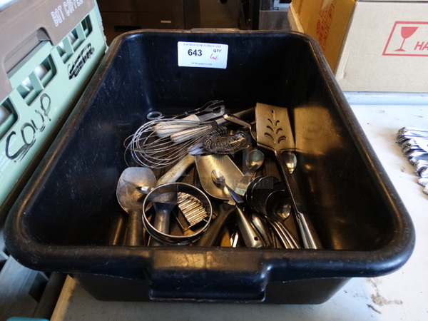 All One Money! Lot of Various Metal Utensils in Bus Bin! 21x17x7