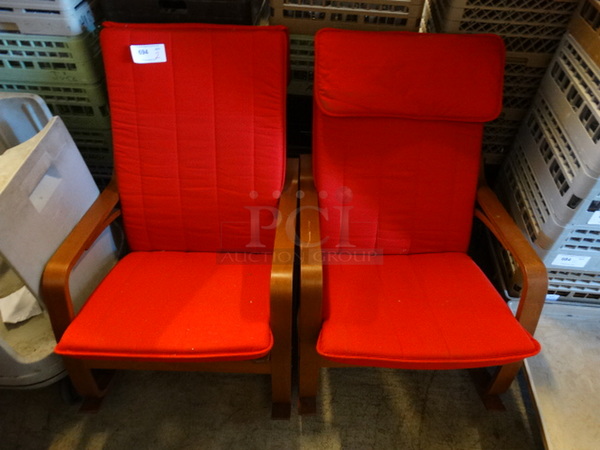 2 Wood Pattern Chairs w/ Red Cushions. 26x32x36. 2 Times Your Bid!