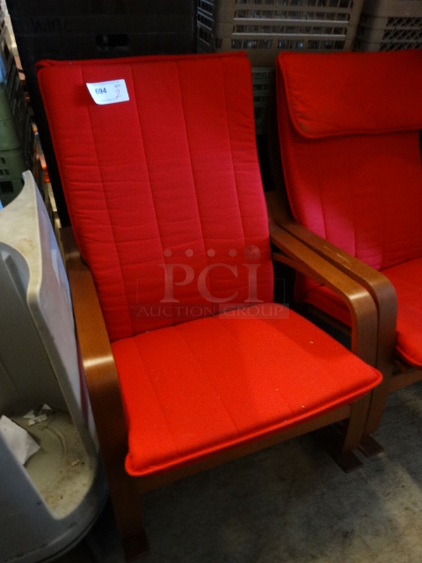 2 Wood Pattern Chairs w/ Red Cushions. 26x32x36. 2 Times Your Bid! - Image 2 of 4