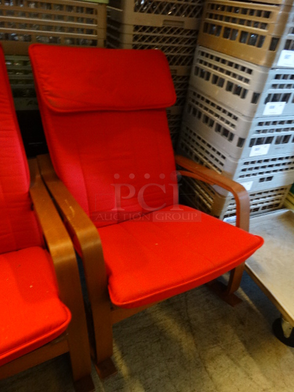 2 Wood Pattern Chairs w/ Red Cushions. 26x32x36. 2 Times Your Bid! - Image 3 of 4