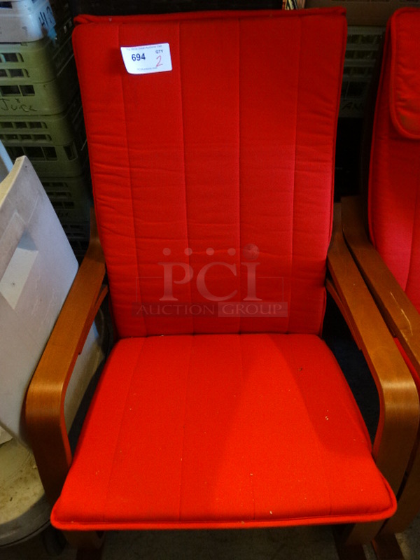 2 Wood Pattern Chairs w/ Red Cushions. 26x32x36. 2 Times Your Bid! - Image 4 of 4