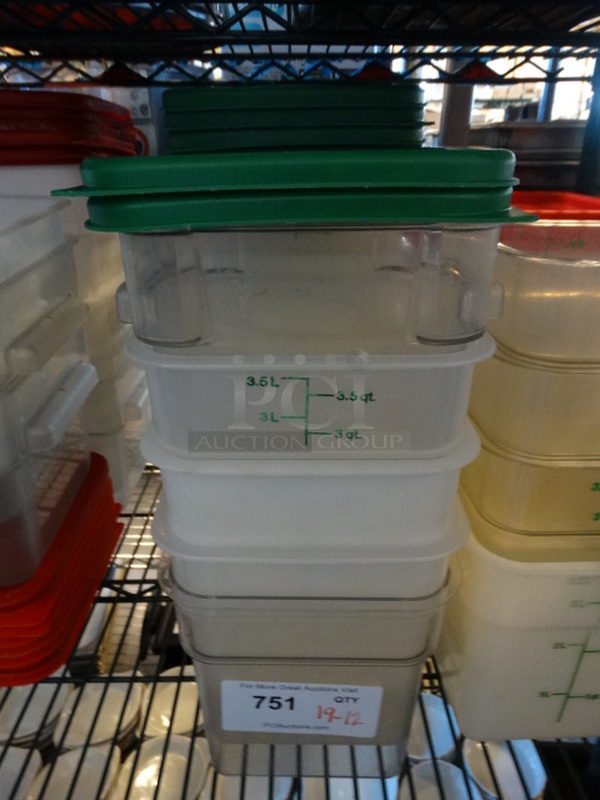 19 Poly Containers w/ 12 Green Lids. 7x7x7. 9 Times Your Bid!