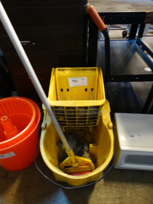 Yellow Poly Mop Bucket w/ Wringing Attachment on Casters. 16x20x35