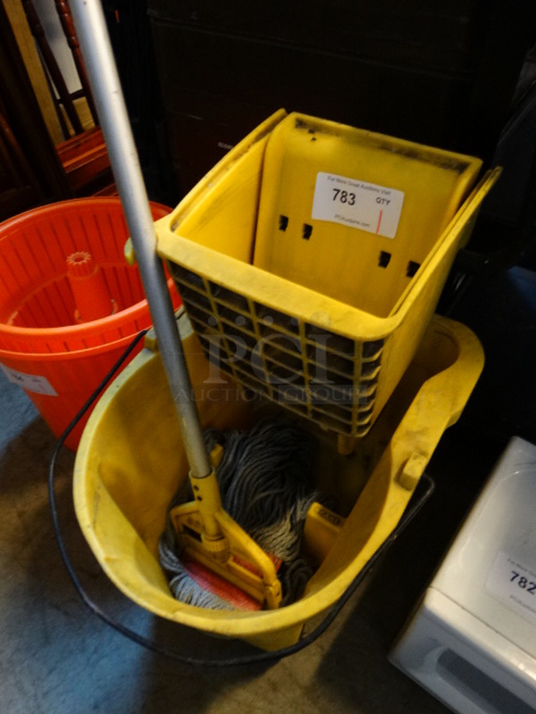 Yellow Poly Mop Bucket w/ Wringing Attachment on Casters. 16x20x35 - Image 2 of 2