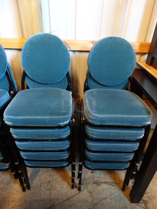 4 Black Metal Stackable Banquet Chairs w/ Teal Cushions. Stock Picture - Cosmetic Condition May Vary. 18x19x32. 4 Times Your Bid!