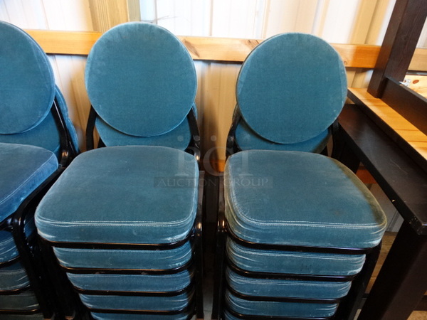 6 Black Metal Stackable Banquet Chairs w/ Teal Cushions. Stock Picture - Cosmetic Condition May Vary. 18x19x32. 6 Times Your Bid! - Image 2 of 4