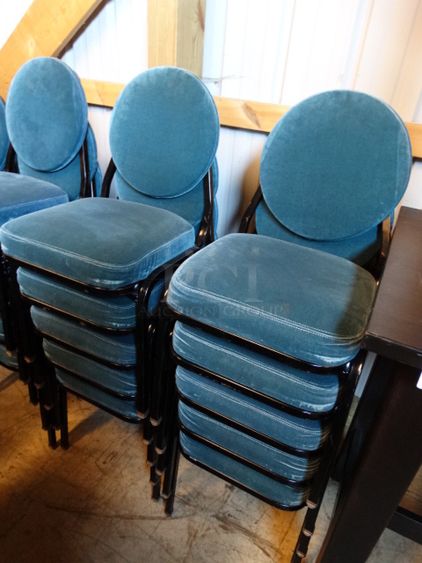6 Black Metal Stackable Banquet Chairs w/ Teal Cushions. Stock Picture - Cosmetic Condition May Vary. 18x19x32. 6 Times Your Bid! - Image 3 of 4