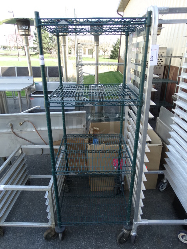 Metro Green Finish 4 Tier Shelving Unit on Commercial Casters. 24x24x68. BUYER MUST DISMANTLE. PCI CANNOT DISMANTLE FOR SHIPPING. PLEASE CONSIDER FREIGHT CHARGES. 
 - Image 1 of 3