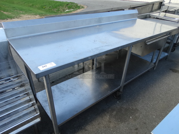 Stainless Steel Commercial Table w/ Metal Undershelf on Commercial Casters. 1 Caster Needs Reattached. 84x30x42