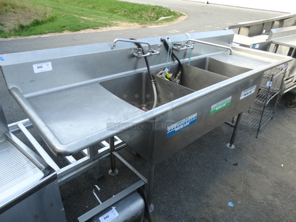 Stainless Steel Commercial 3 Bay Sink w/ Dual Drainboards, 2 Faucets and 2 Handles. 96x30x44. Bays 18x24x13. Drianboards 12x16x1