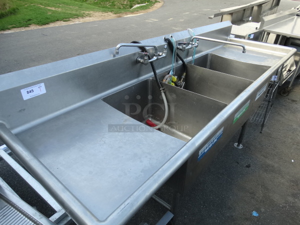 Stainless Steel Commercial 3 Bay Sink w/ Dual Drainboards, 2 Faucets and 2 Handles. 96x30x44. Bays 18x24x13. Drianboards 12x16x1 - Image 2 of 4