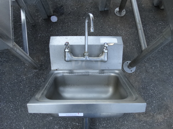 Stainless Steel Commercial Single Bay Wall Mount Sink w/ Faucet and Handles. 17x16x23