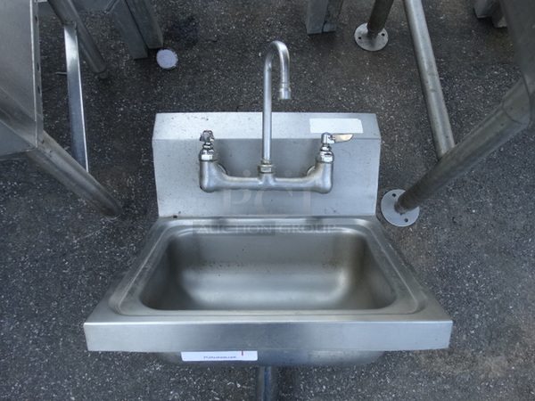 Stainless Steel Commercial Single Bay Wall Mount Sink w/ Faucet and Handles. 17x16x23 - Image 1 of 4
