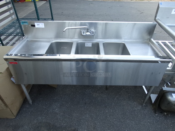 Stainless Steel Commercial 3 Bay Bar Sink w/ Dual Drainboards, Faucet and Handles. 60x20x37. Bays 10x14x10. Drainboards 12x16x1