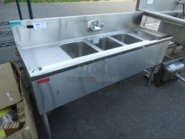 Stainless Steel Commercial 3 Bay Bar Sink w/ Dual Drainboards, Faucet and Handles. 60x20x37. Bays 10x14x10. Drainboards 12x16x1 - Image 5 of 5