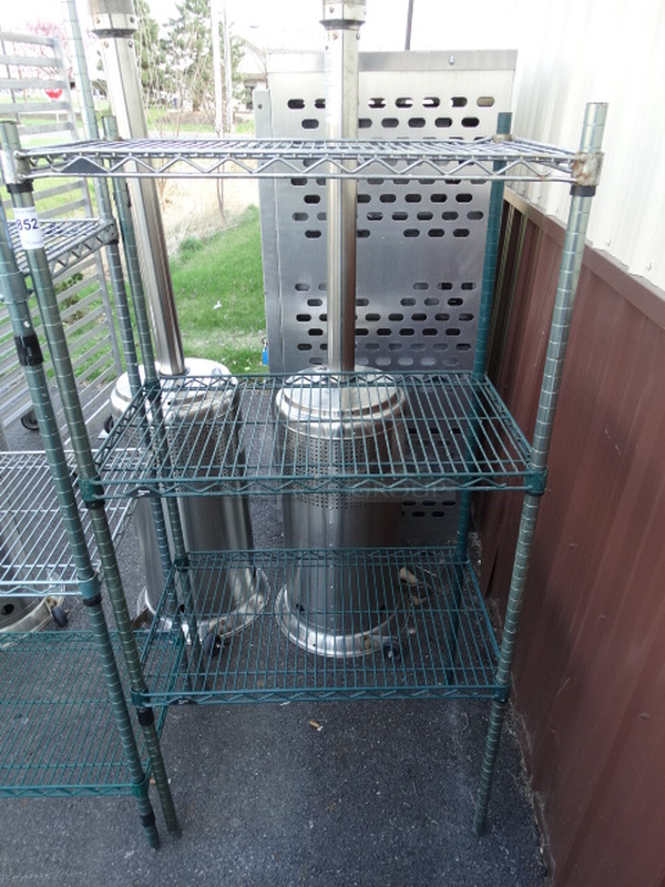 Green and Chrome Finish 3 Tier Metro Shelving Unit. 30x18x59. BUYER MUST DISMANTLE. PCI CANNOT DISMANTLE FOR SHIPPING. PLEASE CONSIDER FREIGHT CHARGES.  - Image 1 of 3