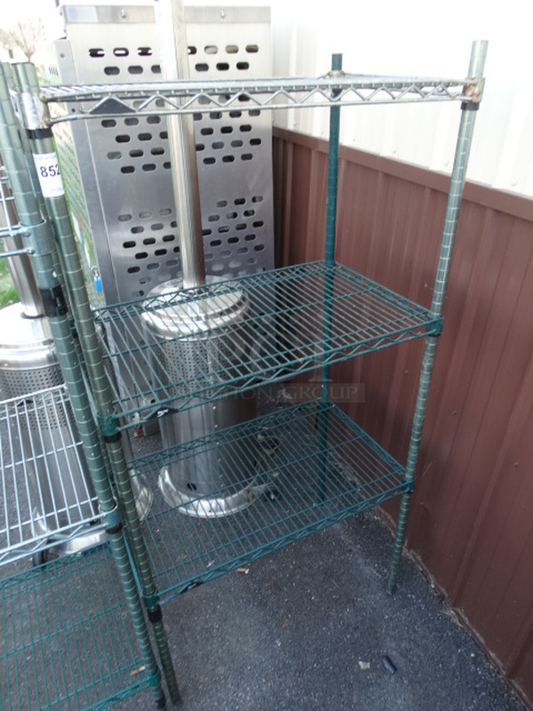 Green and Chrome Finish 3 Tier Metro Shelving Unit. 30x18x59. BUYER MUST DISMANTLE. PCI CANNOT DISMANTLE FOR SHIPPING. PLEASE CONSIDER FREIGHT CHARGES.  - Image 2 of 3