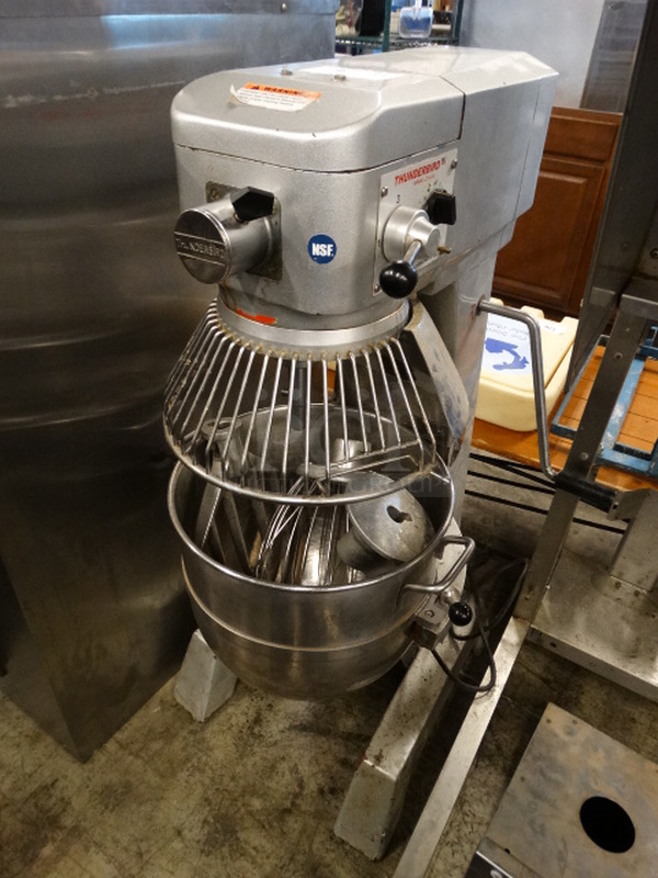 BEAUTIFUL! Thunderbird Model ARM-40 Metal Commercial Floor Style 40 Quart Planetary Mixer w/ Mixing Bowl, Bowl Guard, Dough Hook, Paddle and Whisk Attachments. 115 Volts, 1 Phase. 21x24x46. Tested and Working!