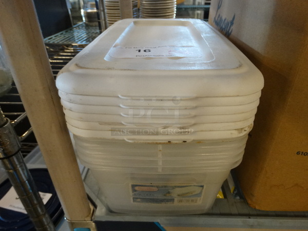 5 Poly Clear Containers w/ 6 White Lids. 8x14x4.5. 5 Times Your Bid!