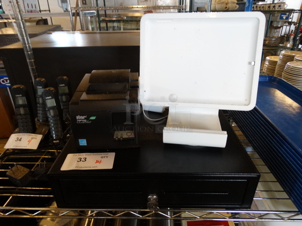 All One Money! Lot Includes Metal Cash Drawer, Micronics Model TSP10011 Receipt Printer and Tablet Stand!
