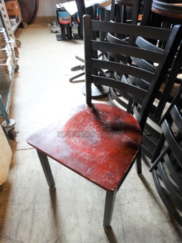 4 Black Metal Dining Height Chairs w/ Wood Pattern Seat. Stock Picture - Cosmetic Condition May Vary. 17x17x32. 4 Times Your Bid! - Image 2 of 7