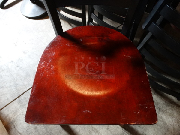4 Black Metal Dining Height Chairs w/ Wood Pattern Seat. Stock Picture - Cosmetic Condition May Vary. 17x17x32. 4 Times Your Bid! - Image 3 of 7