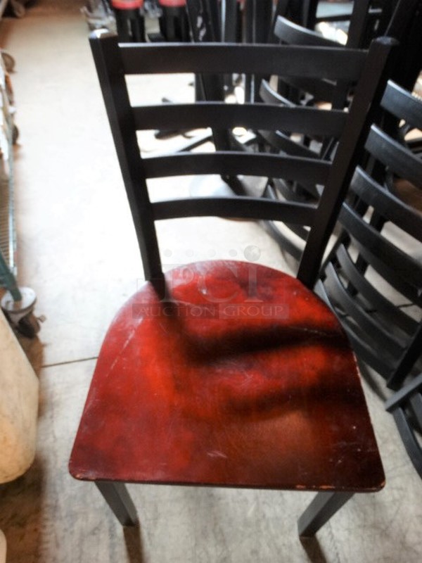 4 Black Metal Dining Height Chairs w/ Wood Pattern Seat. Stock Picture - Cosmetic Condition May Vary. 17x17x32. 4 Times Your Bid! - Image 4 of 7