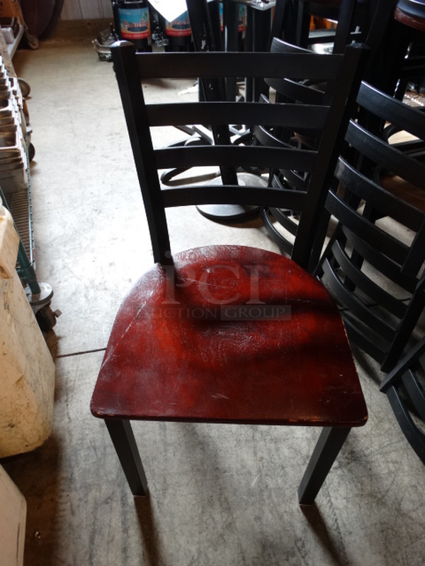 4 Black Metal Dining Height Chairs w/ Wood Pattern Seat. Stock Picture - Cosmetic Condition May Vary. 17x17x32. 4 Times Your Bid! - Image 5 of 7