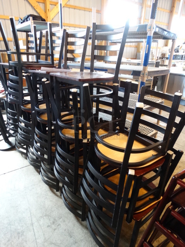 4 Black Metal Dining Height Chairs w/ Wood Pattern Seat. Stock Picture - Cosmetic Condition May Vary. 17x17x32. 4 Times Your Bid! - Image 7 of 7