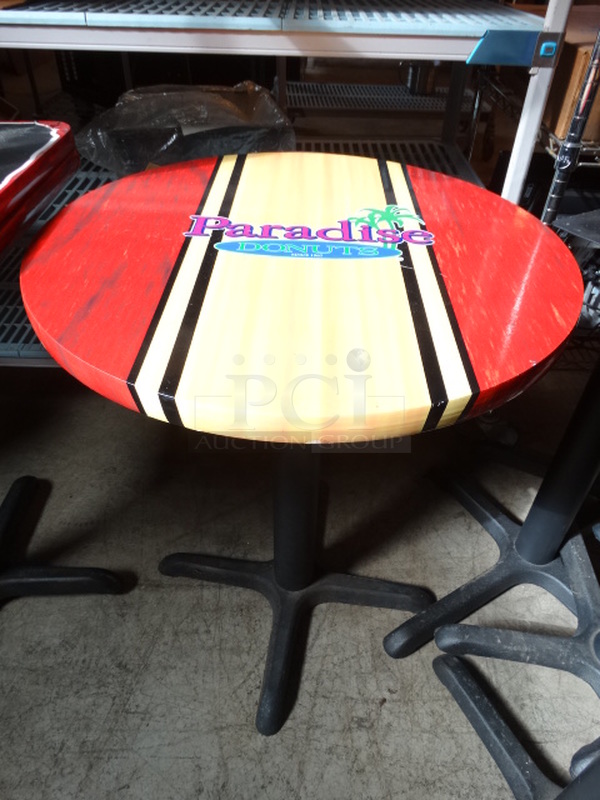 Round Table on Black Metal Table Leg w/ Paradise Logo. Stock Picture - Cosmetic Condition May Vary. 24x24x29 - Image 2 of 4