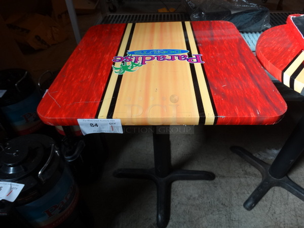 Square Table on Black Metal Table Leg w/ Paradise Logo. Stock Picture - Cosmetic Condition May Vary. 24x24x29 - Image 1 of 4