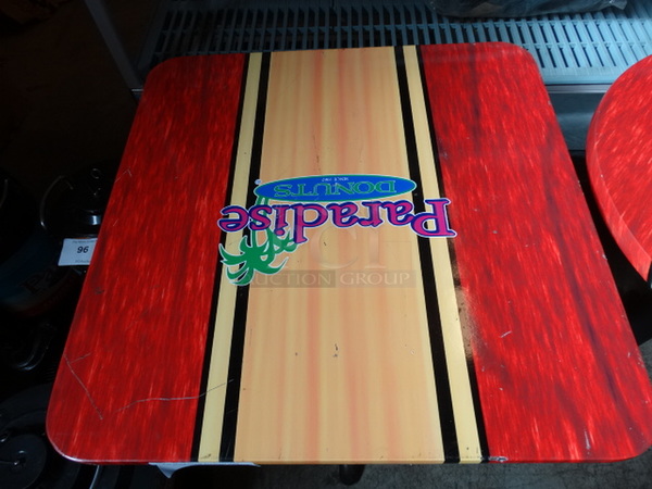Square Table on Black Metal Table Leg w/ Paradise Logo. Stock Picture - Cosmetic Condition May Vary. 24x24x29 - Image 3 of 4