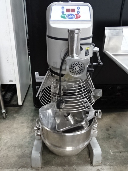 AMAZING! Globe Model SP40 Grey 40 Quart Mixer With Mixing Bowl, Bowl Guard, Dough Hook, Wire Whip, Beater, And Meat Grinder With Plunger And Funnel. 25x40x52 208 Volts 3 Phase