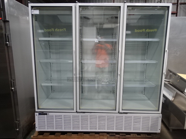 FABULOUS! Master-Bilt Model BMG-74 Commercial Electric 3 Door Full-Height Glass Door Refrigeration Merchandiser With Auto-Close Hinges And LED Lights. Tested And Works. 78x34x78 115/208-230 Volt, 1 Phase