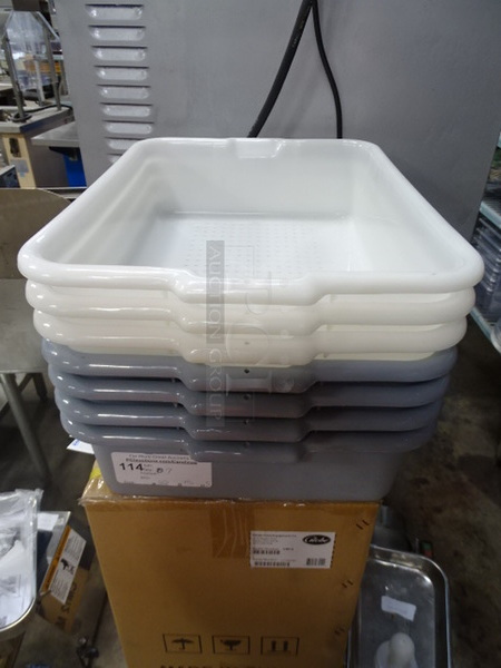 (x7) 7 Times Your Bid. Grey And White Perforated Bus Tubs. 22x15x5