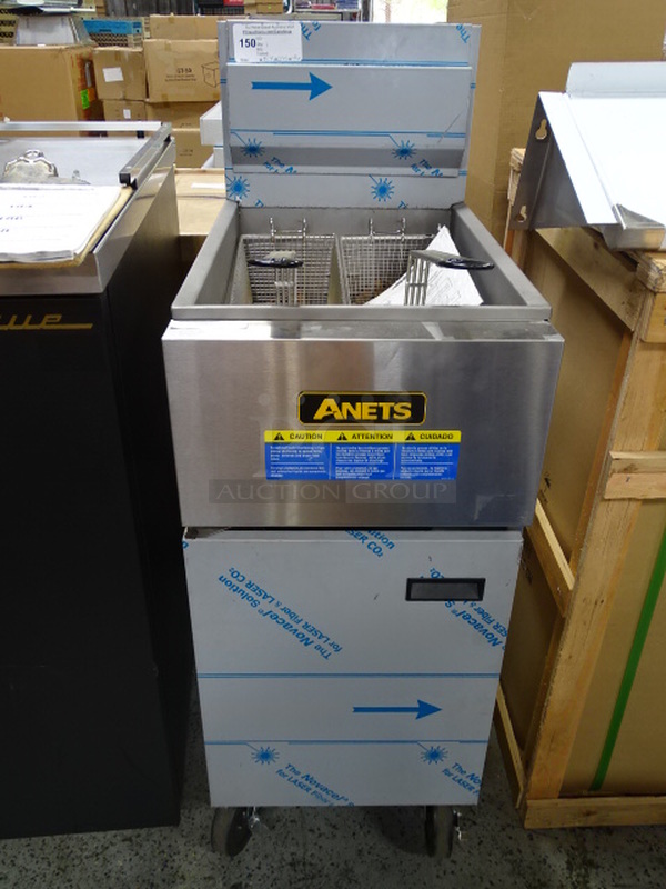 WOW! Brand New Anets Model SLG40 SilverLine Commercial Stainless Steel Floor Model Propane Gas Fryer. On Commercial Casters. 90,000 BTU 18x36x46