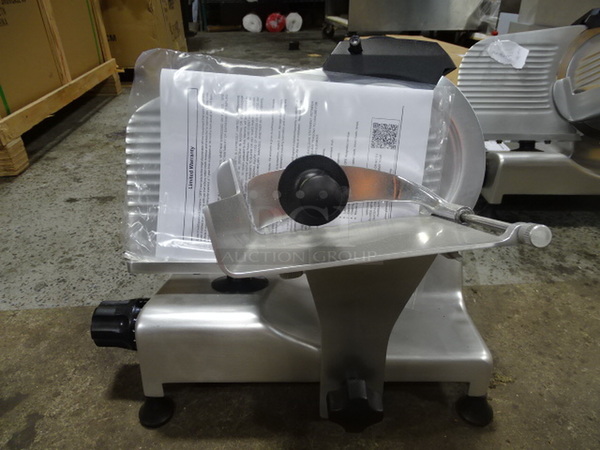 BRAND NEW! Globe Chefmate Model E220 Commercial Stainless Steel Slicer. Electric. 115 Volt 1 Phase 16x18x15 Tested And Works.