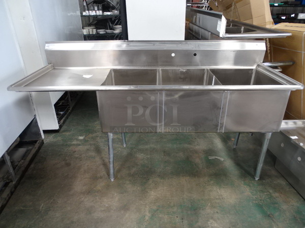 FANTASTIC! Brand New John Boos Model E3S8-1824-14L24 Commercial Stainless Steel 3 Compartment Sink. With 9 3/4” H Boxed Backsplash, Galvanized Legs And Adjustable Plastic Bullet Feet. 80.5x29.5x43.75