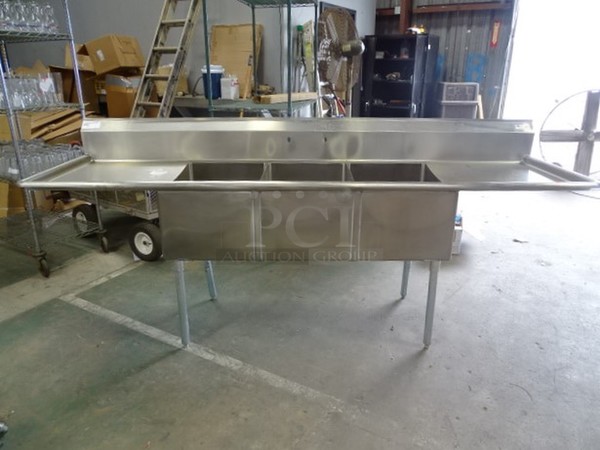 FANTASTIC! Brand New John Boos Model E3S8-1824-14T24 Commercial Stainless Steel 3 Compartment Sink. With 9 3/4” H Boxed Backsplash, Galvanized Legs And Adjustable Plastic Bullet Feet. 102X30x43.75