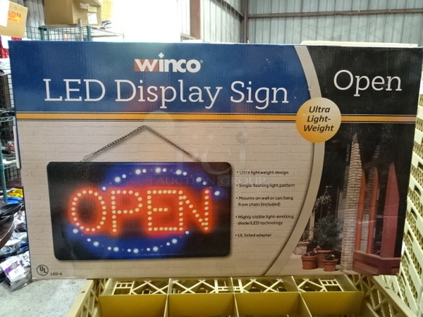 STILL IN THE BOX! Brand New Winco LED-6 LED Open Sign. 16x23x3