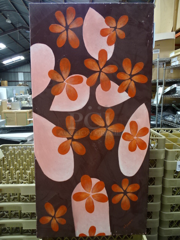 (x4) 4 Times Your Bid. Floral Painting On Canvas With Pink Petals And Red Flowers. 40x10x2