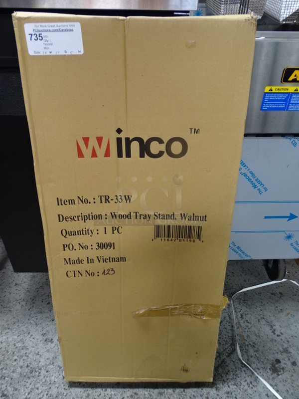 STILL IN THE BOX! Brand New Winco Model TR-33W Walnut Wood Tray Stand. 18x37x5 