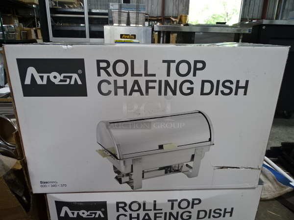 STILL IN THE BOX! Brand New Atosa AT721R61-1 Commercial Stainless Steel Roll Top Chafing Dish with Gold Accents. 25x15x15  