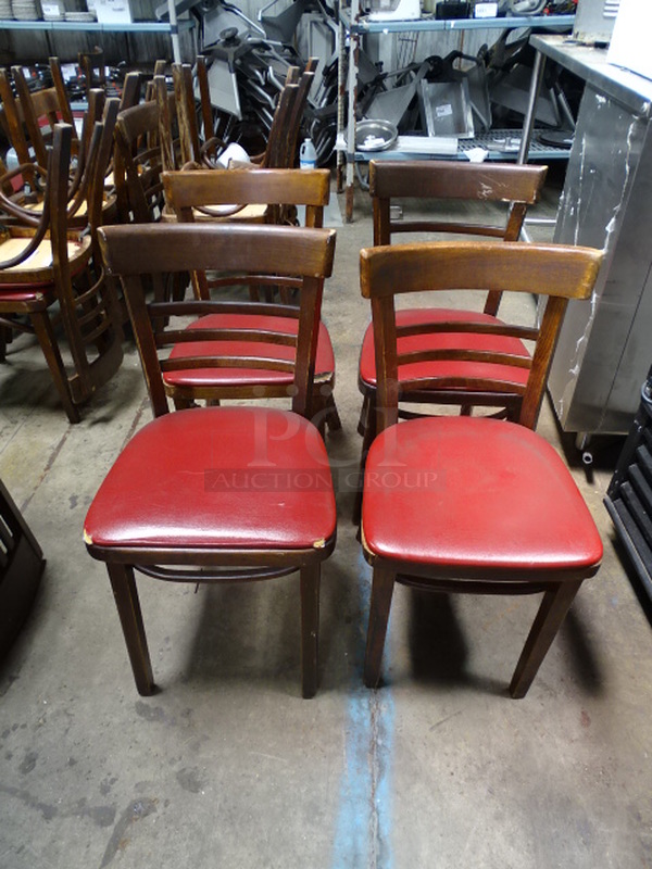 (x4) 4 Times Your Bid. Wooden Chairs With Red Seat. Stock Photo, Cosmetic Differences May Occur. 15x16.5x30