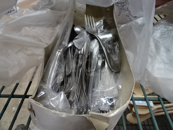 ALL ONE MONEY! Lots Of Commercial Stainless Steel Forks, Knives, And Spoons. 12x12x3